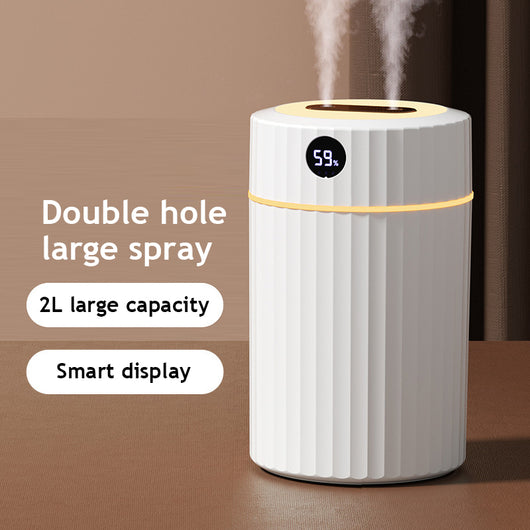 Pink cylindrical humidifier with ribbed texture, digital display showing 59%, and a light blue LED ring. - Image 5