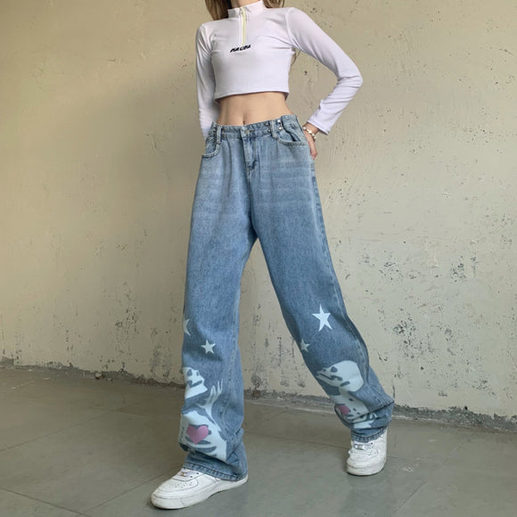 Jeans Rectos Talle Alto con Pentágrama Calavera - Diseño Alternativo Ajustable