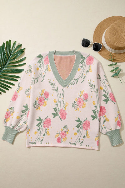 Suéter Holgado con Escote en V, Rayas y Estampado Floral - Image 10