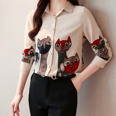 Blusa Vintage con Estampado de Gatos en Chifón para Primavera y Otoño - Image 9