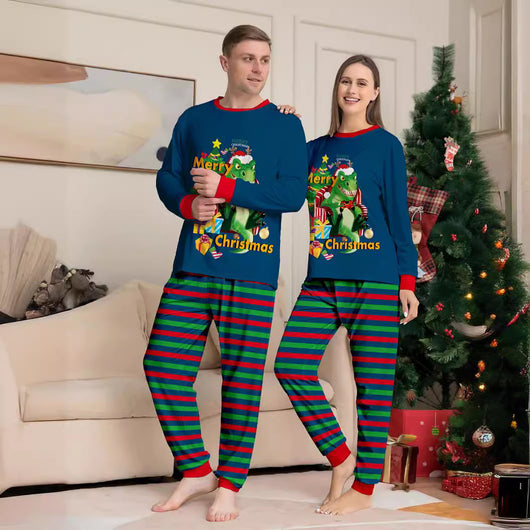 Child's blue long-sleeve Christmas pajamas with a dinosaur graphic and red and green striped pants. - Image 3