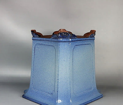 Maceta Bonsái Artesanal Azul Claro Esmaltada Forma Tubo Antiguo - Image 11