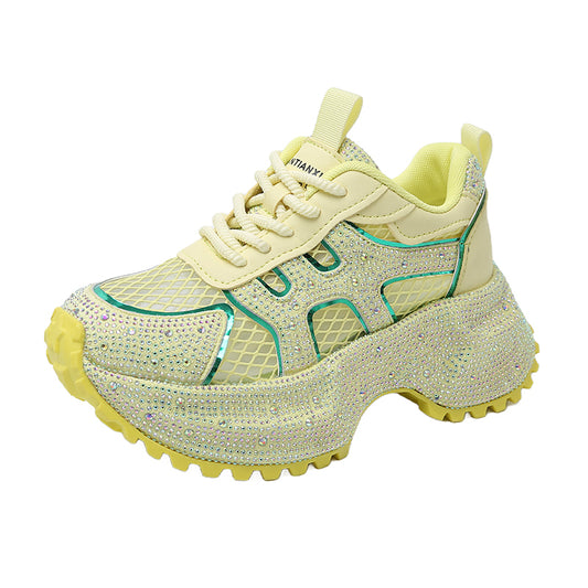 Zapatillas Deportivas Plataforma Gruesa para Mujer con Brillo y Cristales - Amarillo Claro