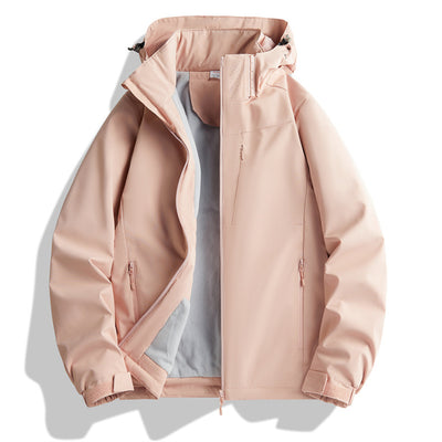 Lavender windproof sports jacket with a hood, full zipper, and fleece lining, shown on a hanger. - Image 2