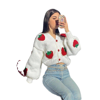 Cardigan Suelto con Fresa Cute para Mujer - Escote en V - Image 3