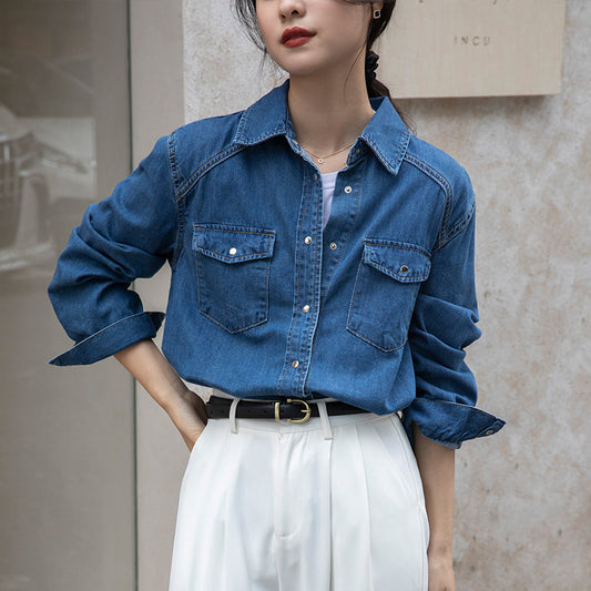 Camisa Denim Retro Azul - Prenda Versátil de Manga Larga