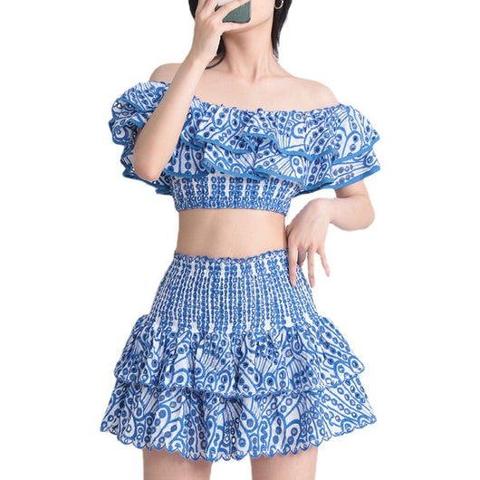 Conjunto de Playa Elegante: Blusa Corta con Cuello y Volantes + Falda Cintura Alta - Image 2