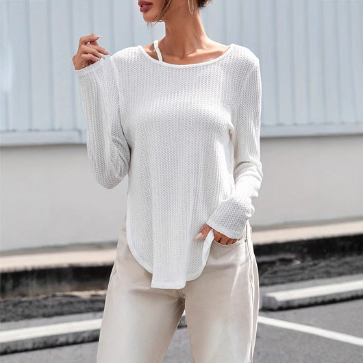 Playera Básica Mujer Textura Cuello Curvo Primavera Otoño