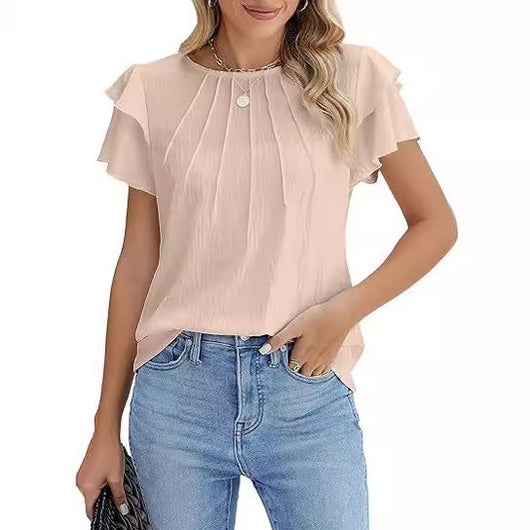 Blusa Ejecutiva Plisada de Manga Corta Cuello Redondo - Image 5