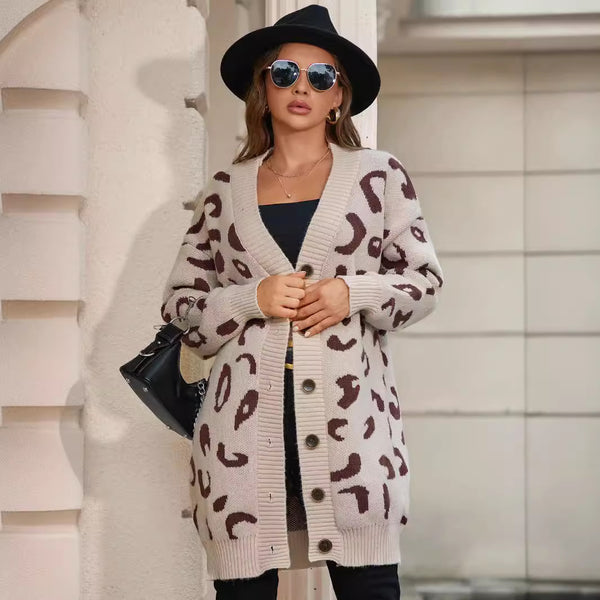 Abrigo Suéter de Leopardo Oversized Largo Medio para Mujer