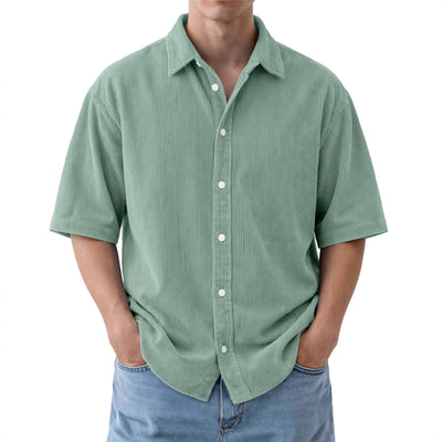 Camisa de Pana Suelta para Hombre - Manga Corta Color Sólido - Image 2