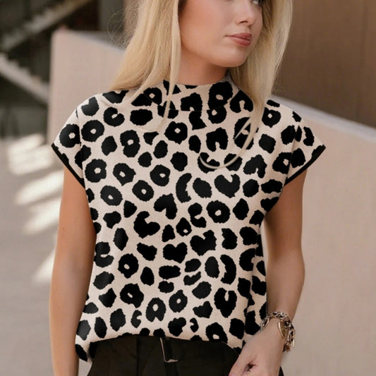 Suéter Cuello Alto Estampado Leopardo Negro Manga Corta para Mujer