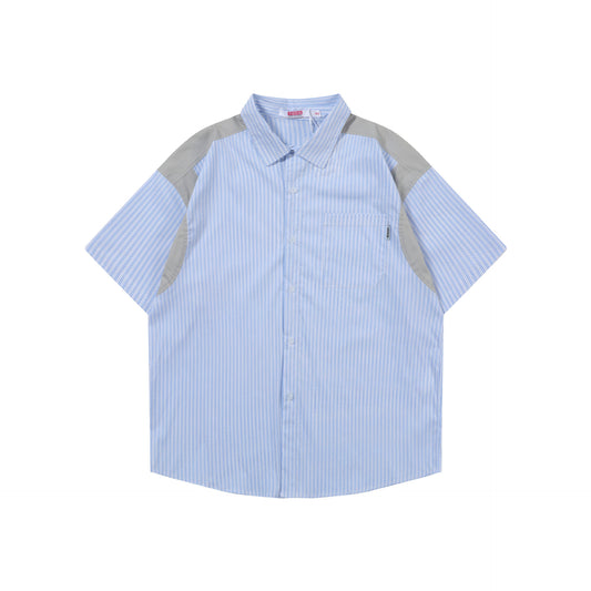 Camisa Manga Corta Azul a Rayas con Costuras de Diseño Japonés