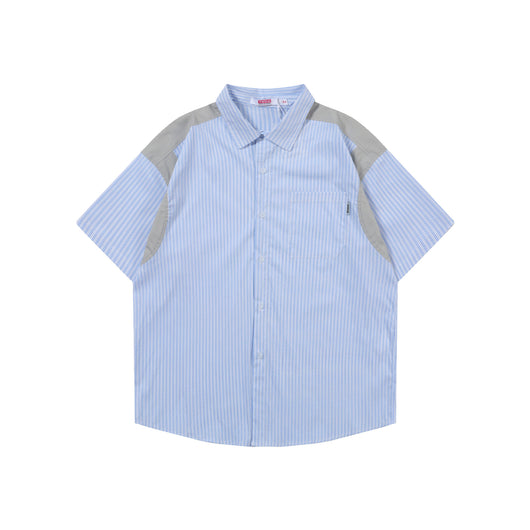 Camisa Manga Corta Azul a Rayas con Costuras de Diseño Japonés