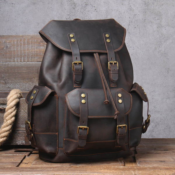 Mochila de Cuero Genuino Estilo Retro con Gran Capacidad para Hombre