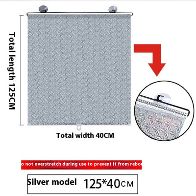 Black perforated roller blind with suction cups for window sun protection, measuring 60x40cm, shown extended. - Image 33