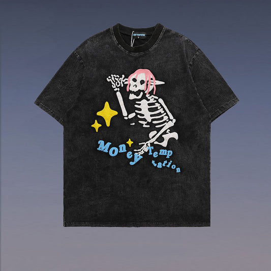Camiseta Unisex con Estampado de Calavera Desgastado