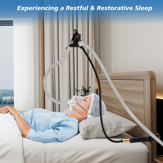 White flexible gooseneck ventilator hose bracket with a device clamp and a C-clamp base.