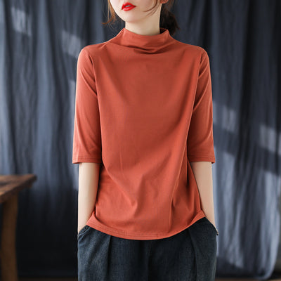 Blusa de Algodón Manga Media Suelta Cuello Alto Estilo Literario - Image 21