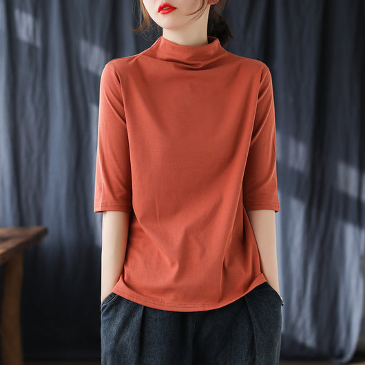 Blusa de Algodón Manga Media Suelta Cuello Alto Estilo Literario - Image 21