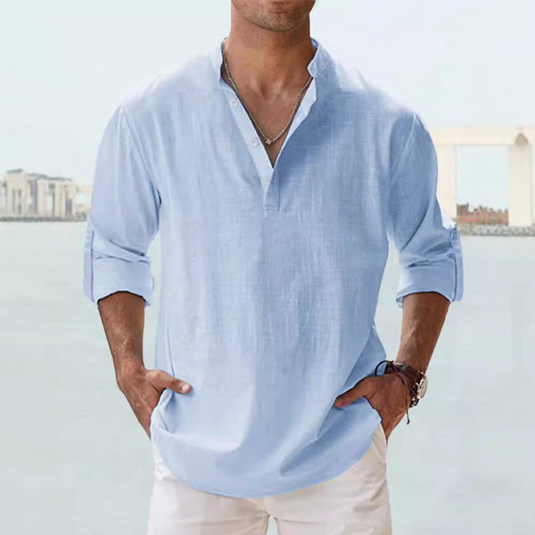 Camisa de Lino Hombre Cuello Mao Manga Larga Suelta