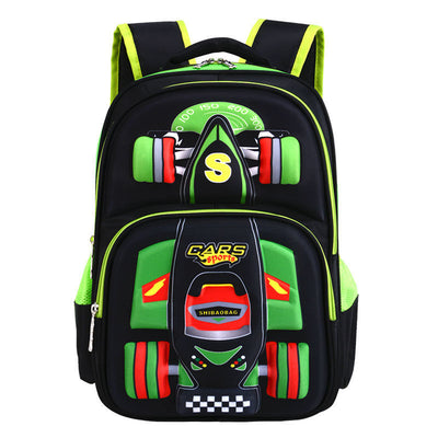 Black and blue boys' primary school backpack with a 3D race car design and padded shoulder straps. - Image 3