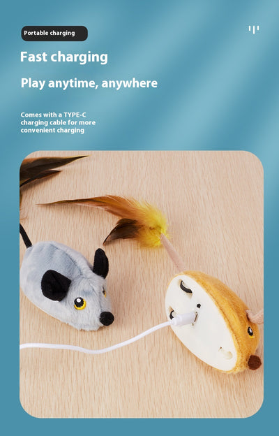 Yellow remote control electric plush mouse cat toy with a black remote and white USB charging cable. - Image 10