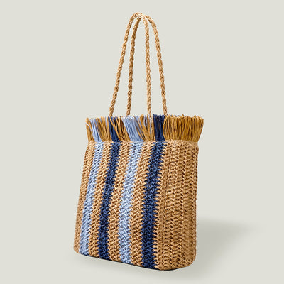 Bolsa Tote Artesanal de Rafia con Rayas y Flecos para Viajes Diarios - Image 8