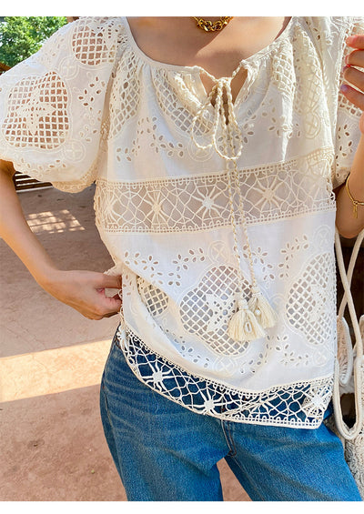 Blusa de Encaje Bordada Manga Corta - Diseño Exclusivo Francés Talla S - Image 9