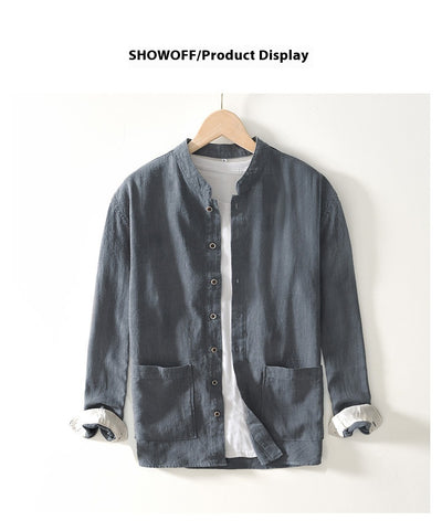 Camisa Lino Cuello Mao Manga Larga Transpirable Estilo Asiático para Hombre - Image 13