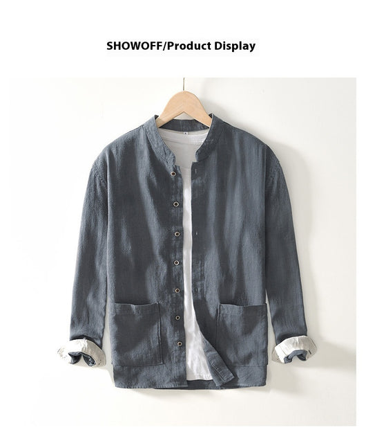 Camisa Lino Cuello Mao Manga Larga Transpirable Estilo Asiático para Hombre - Image 13