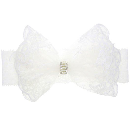 Diadema Elástica Infantil con Moño y Encaje en Colores Sólidos