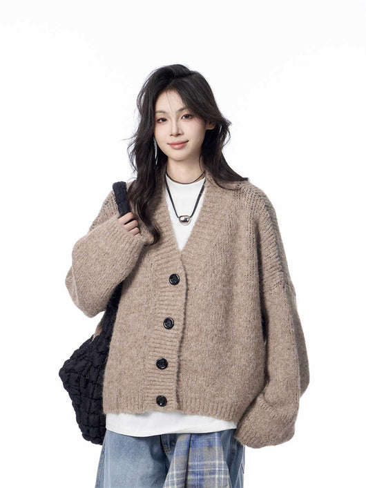 Cardigan de Punto Cuello V Mujer Estilo Relajado Suéter Holgado - Image 3