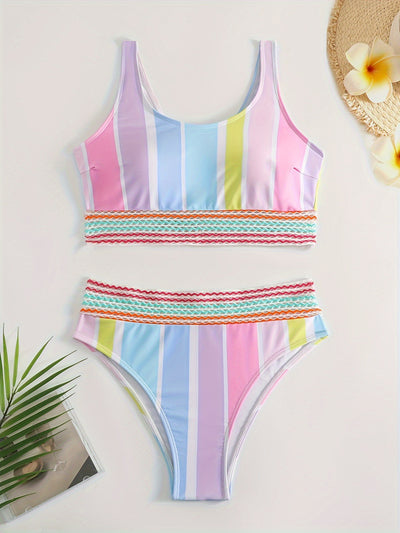 Women's pastel rainbow striped bikini with a sports top and high-waisted bottom, featuring decorative trim. - Image 10