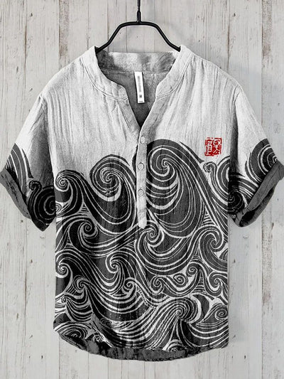Camisa Lino Hombre Estampado Oceánico Manga Corta Suelta Casual - Image 17