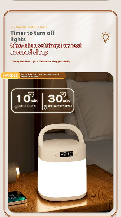 White rechargeable LED table lamp with a digital clock display and a light gray carrying handle. - Image 9