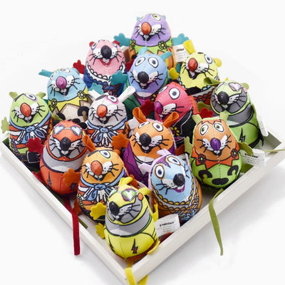 Fifteen colorful plush mouse cat toys with unique patterns and designs, some with bells, displayed in a white tray. - Image 3
