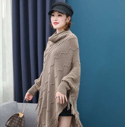 Poncho Tejido Cuello Alto con Flecos - Abrigo Cálido para Otoño e Invierno - Image 12
