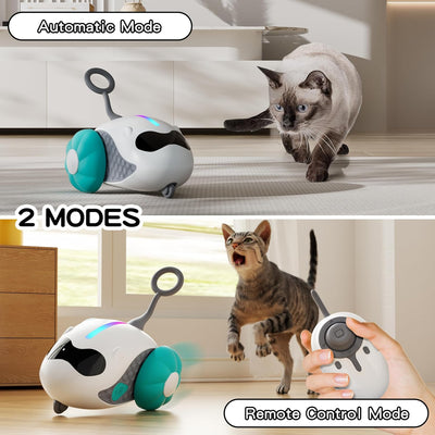 Interactive cat toy with white robotic base, orange wheels, and feather attachment, controlled by a remote, with a cat looking on. - Image 4