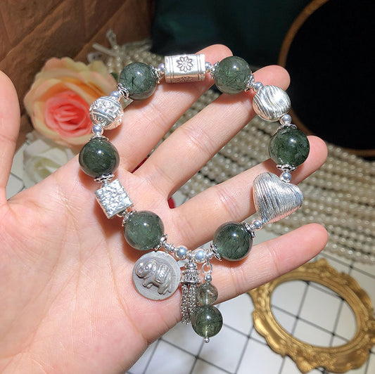 Pulsera de Plata 925 con Cuarzo Verde Rutilado y Dije Elefante - Image 2