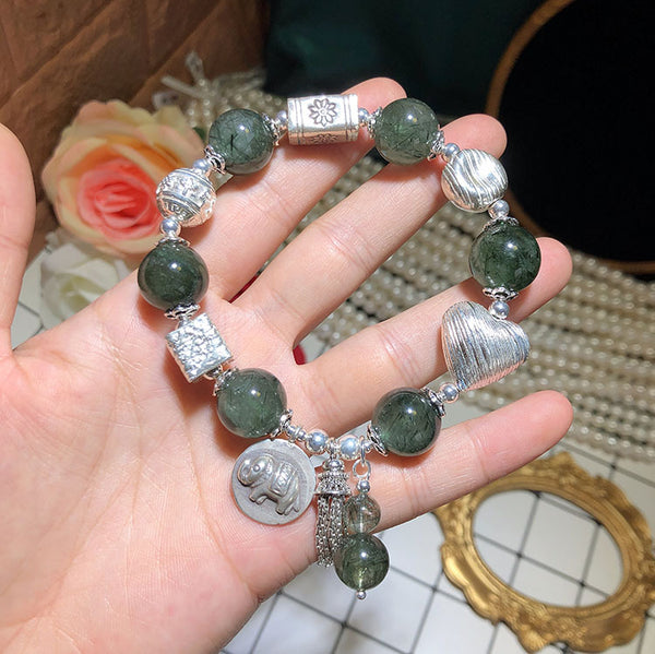 Pulsera de Plata 925 con Cuarzo Verde Rutilado y Dije Elefante