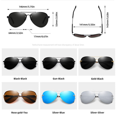 Classic rimless aviator sunglasses with black metal frames and dark black-gray polarized lenses on a white background. - Image 8