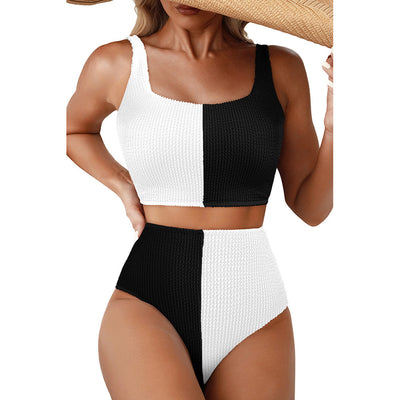 Women's black and white color block swimsuit set with a square neck crop top and high-waisted bottoms. - Image 3