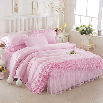 Juego de Cama Princesa con Encaje - Cubrecama Estilo Falda de Cama Cuatro Piezas Color Sólido