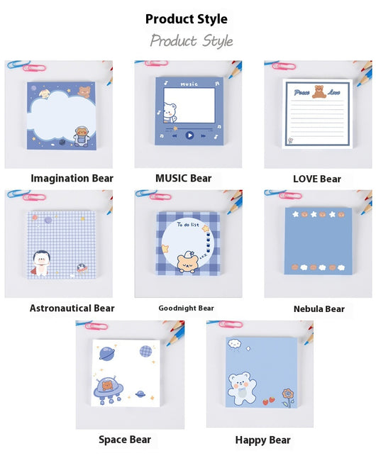 Cute square sticky notes with a brown cartoon bear, "Peace Love" text, and dotted lines on a white background. - Image 13