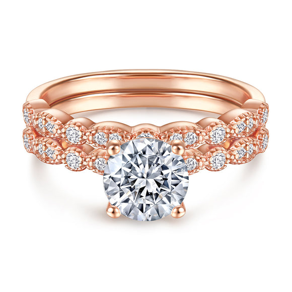 Anillo de Plata 925 con Diamante Simulado Chapado en Oro Rosa - Juego de Anillos de Moda Resistente al Deslustre