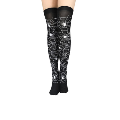 Medias Largas Hasta la Rodilla con Estampado Halloween - Telaraña, Murciélagos, Calaveras y Castillo - Image 38