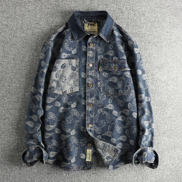 Camisa Denim Retro Lujo Suave con Patrón Paisley - Manga Larga Estilo Americano