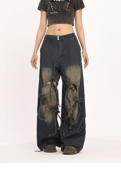 Pantalones Vaqueros Rotos con Cordones Cintura Alta Pierna Recta Mujer - Image 8