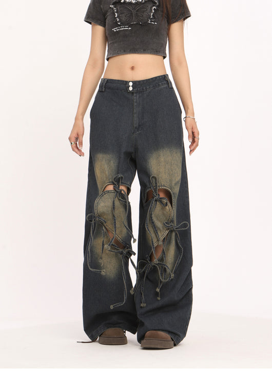 Pantalones Vaqueros Rotos con Cordones Cintura Alta Pierna Recta Mujer - Image 8